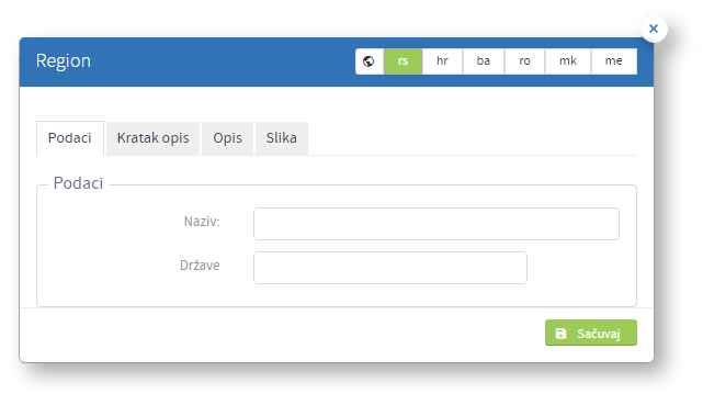 Kreiranje novog regiona - tab podaci