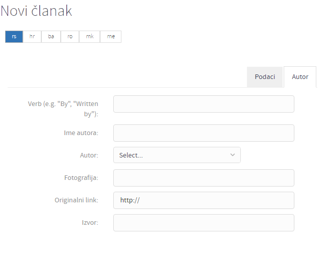 Kreiranje novog članka - tab autor